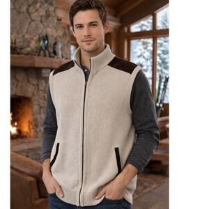 Chaps Mens XL‎ Beige Knit Sweater Vest Full Zip Mock Neck Academia Outdoor Dad